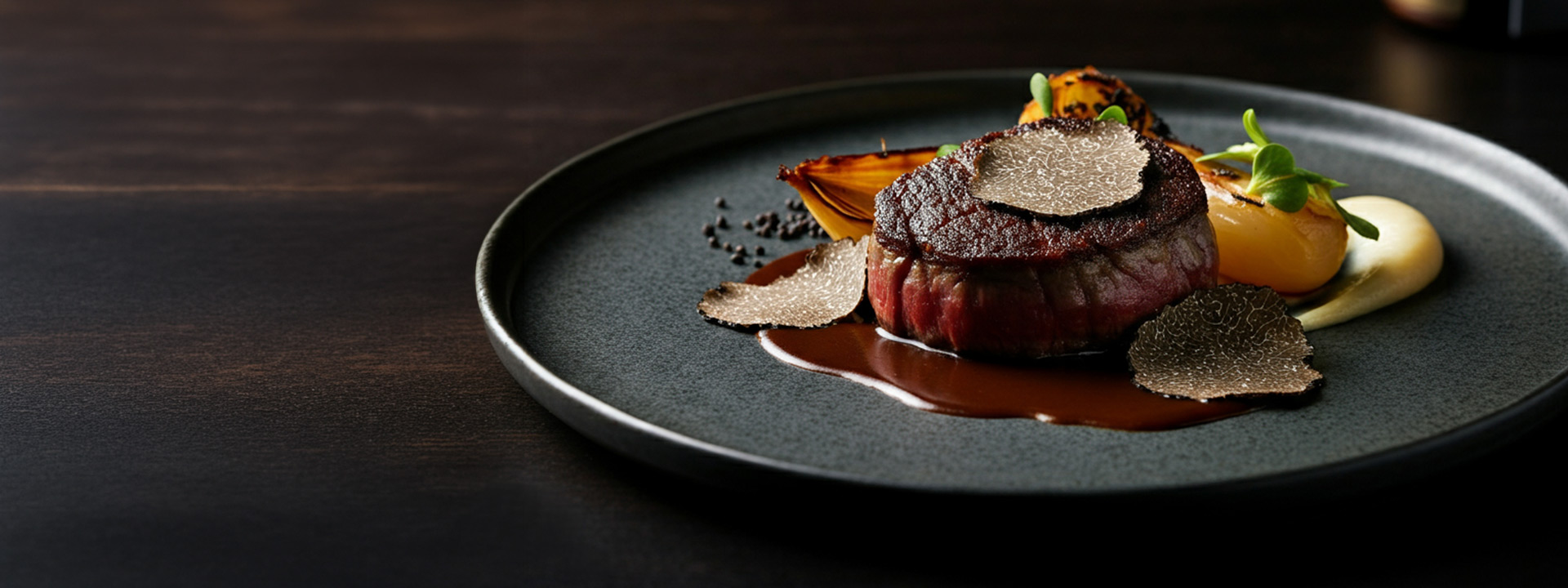 A plated gourmet dish featuring a seared filet mignon topped with truffle slices, sauce, grilled onion, and a dollop of creamy puree on a dark round plate.