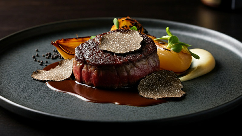 A plated gourmet dish featuring a seared filet mignon topped with truffle slices, sauce, grilled onion, and a dollop of creamy puree on a dark round plate.