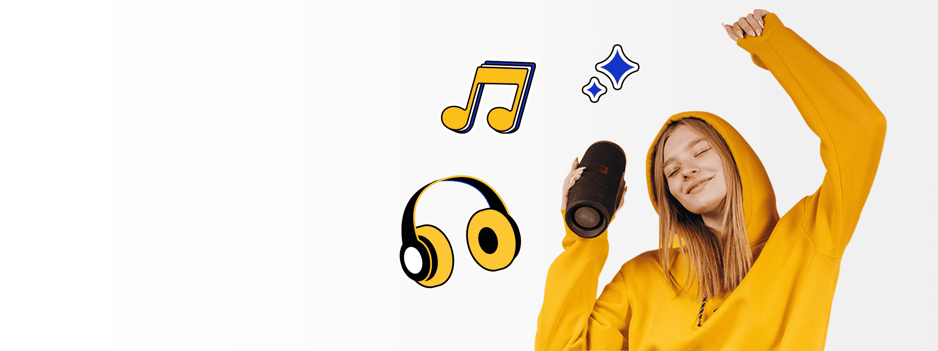 A person in a yellow hoodie holds a portable speaker and dances, with illustrated music notes, headphones, and a sparkle graphic nearby.