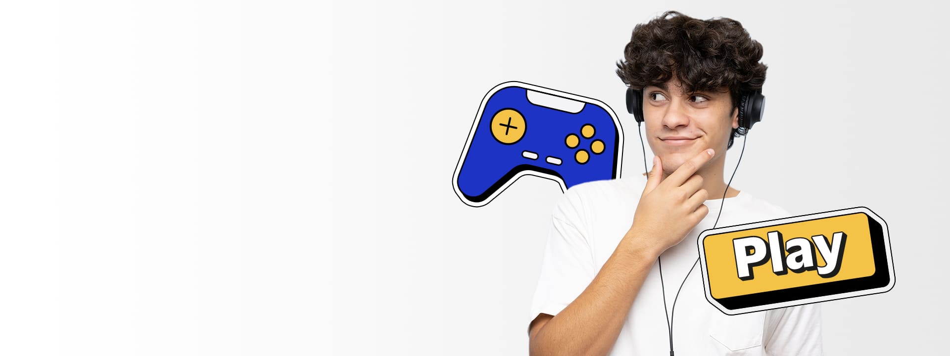 Person wearing headphones, looking to the side with a thoughtful expression. A blue gaming controller and a "Play" button graphic are next to them.