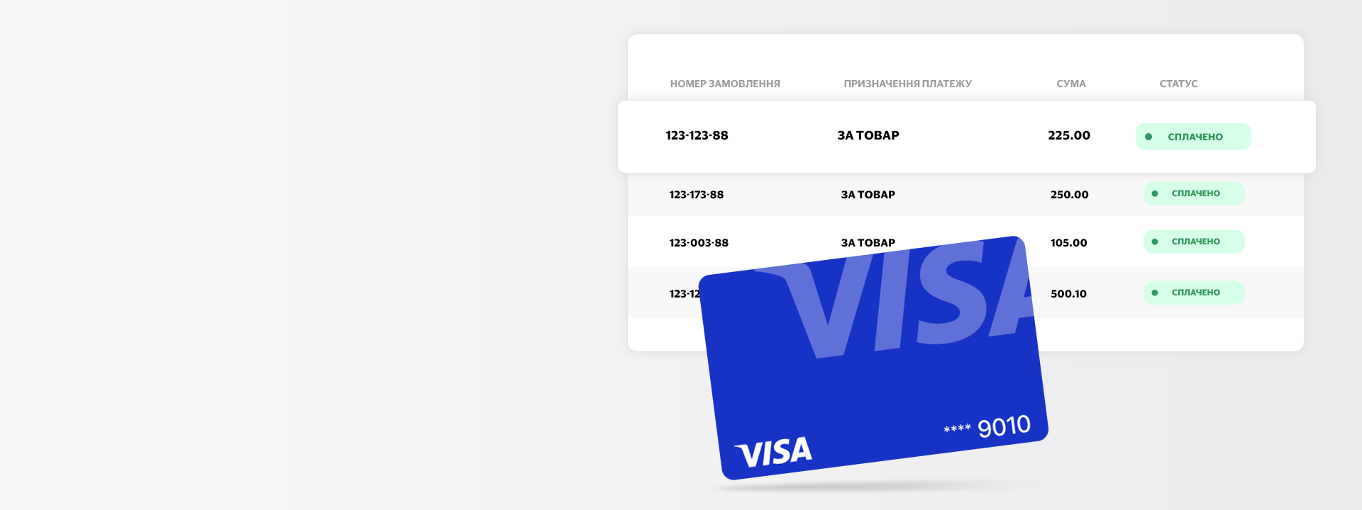 A blue VISA card is displayed in front of a white screen showing a list of transactions with amounts and their statuses marked as "Completed.