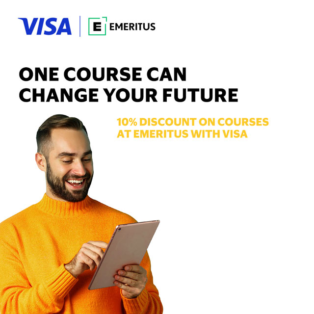 The image reads "One course can change your future. 10% discount on courses at Emeritus with Visa"