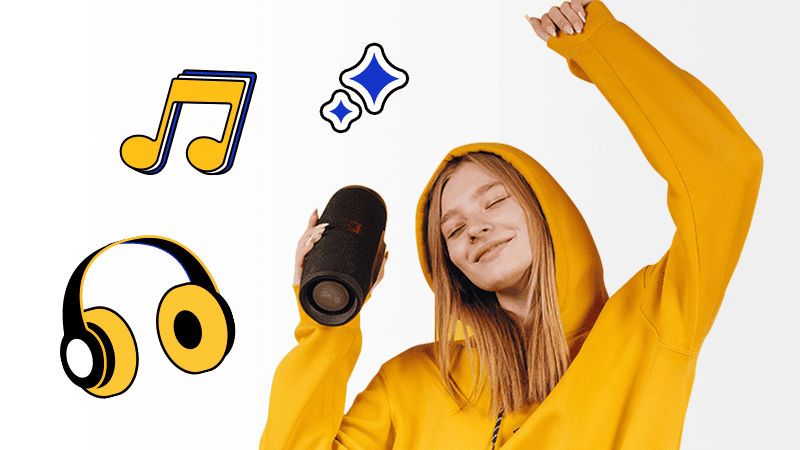 A person in a yellow hoodie holds a portable speaker and dances, with illustrated music notes, headphones, and a sparkle graphic nearby.