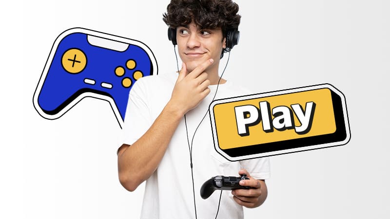 Person wearing headphones, looking to the side with a thoughtful expression. A blue gaming controller and a "Play" button graphic are next to them.