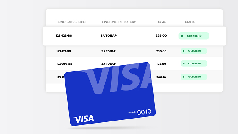 A blue VISA card is displayed in front of a white screen showing a list of transactions with amounts and their statuses marked as "Completed.
